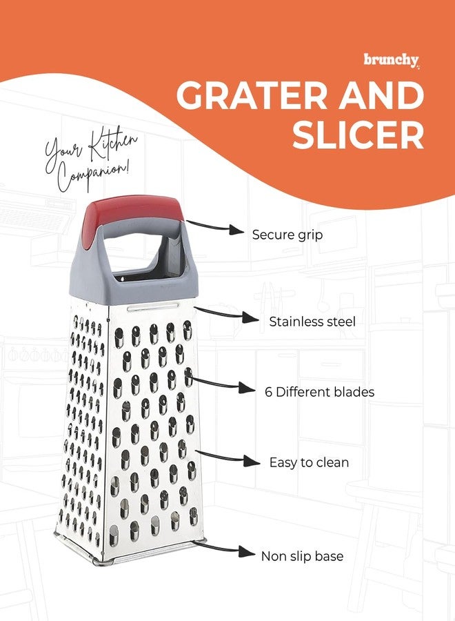 Brunchy Stainless Steel Grater & Slicer for Kitchen, Multi-Purpose Steel Kitchen Items, Professional Cheese Grater, Stainless Steel Chopper, Vegetable & Ginger Crusher Tool (1, Red) - Image 3